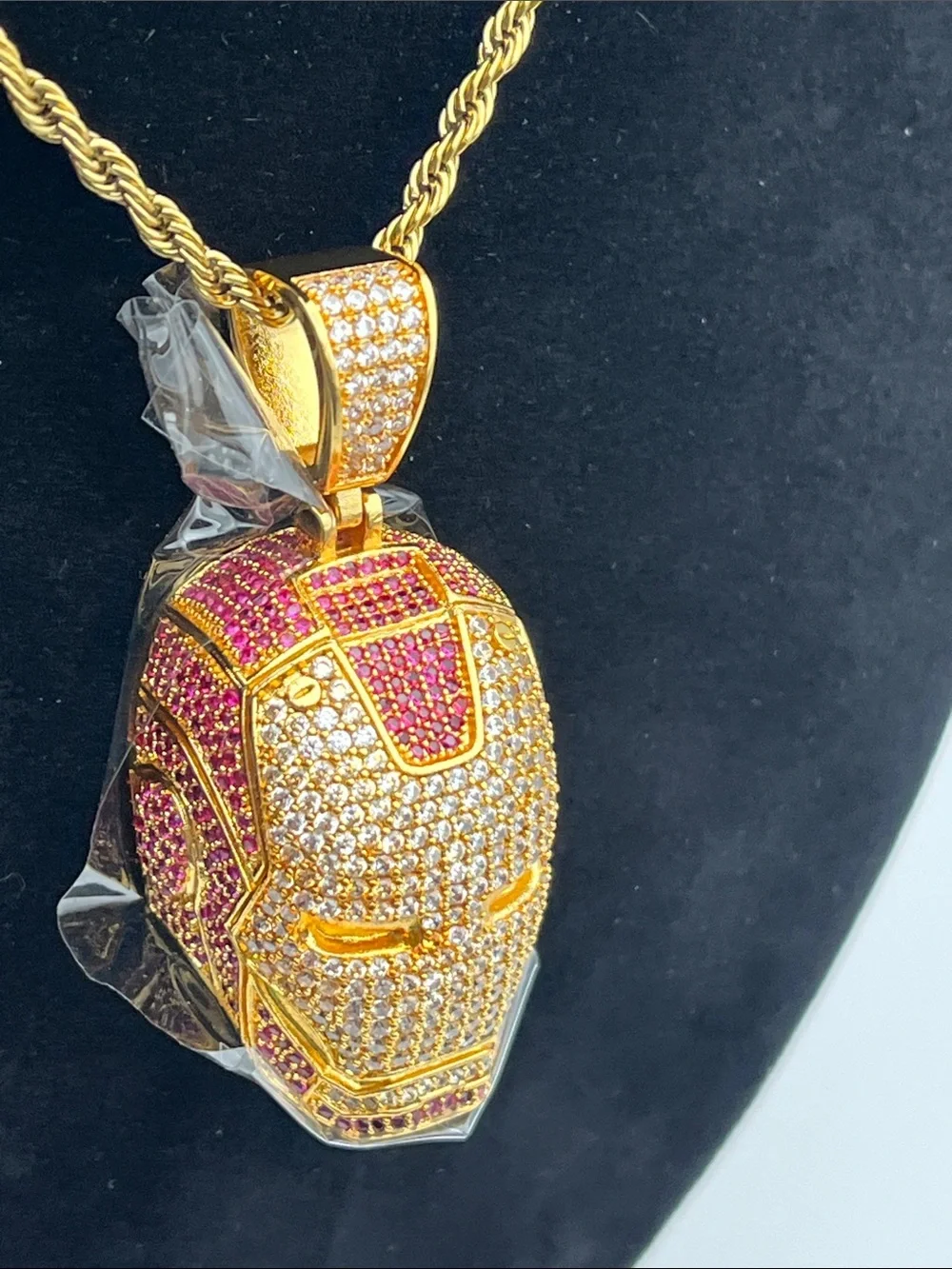 24”, Gold Iron Mask Pendant Necklace - Men's Gold Tone Statement Jewelry